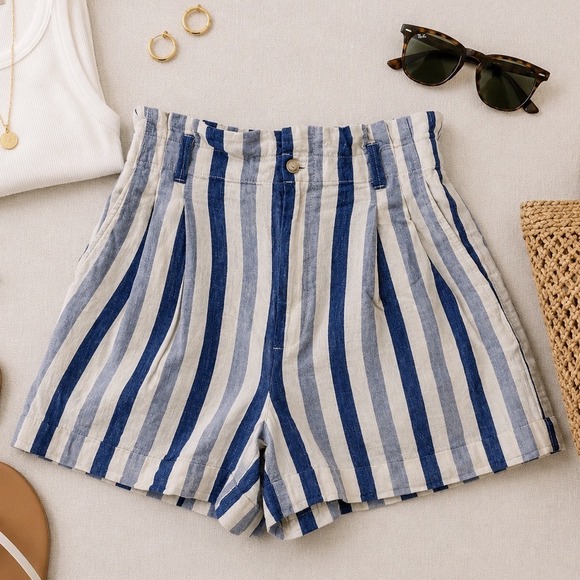 Madewell Pants - Madewell Blue White Striped Linen Cotton Paperbag Shorts Womens 8